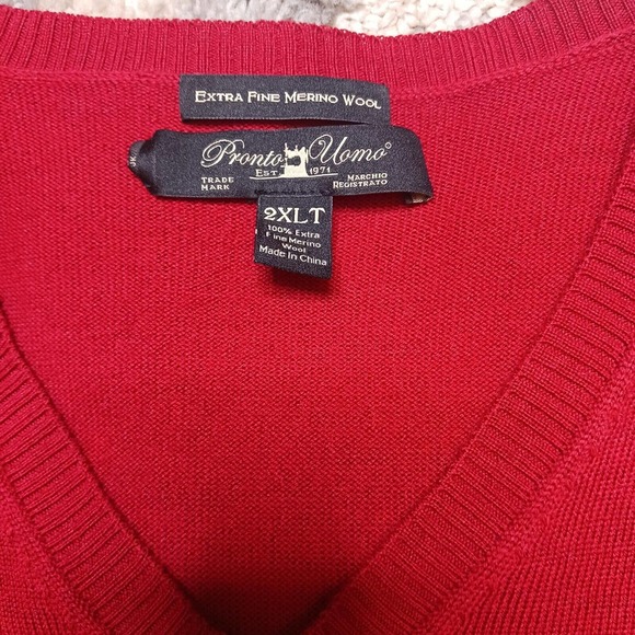 Pronto Uomo Sweater Mens 2XLT Red Extra Fine Merino Wool Long Sleeve Crew Neck - Picture 3 of 8